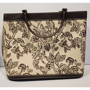 Estee Lauder Floral Handbag Tote  15x12x5   Brown/Tan/Brown Faux Leather Trim